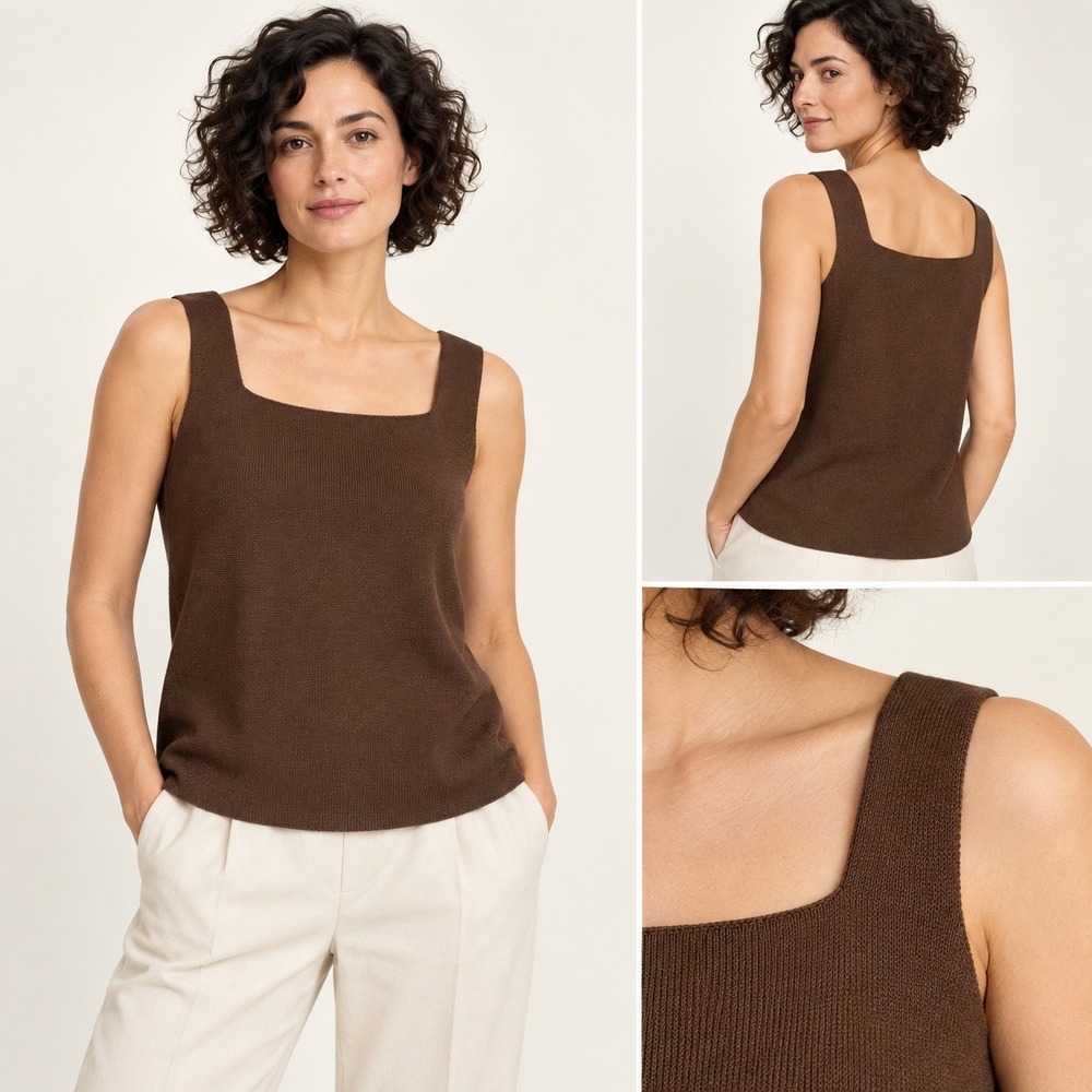 Eileen Fisher M Brown 100% Wool Italian Yarn Square Neck Sweater Tank Top Shell